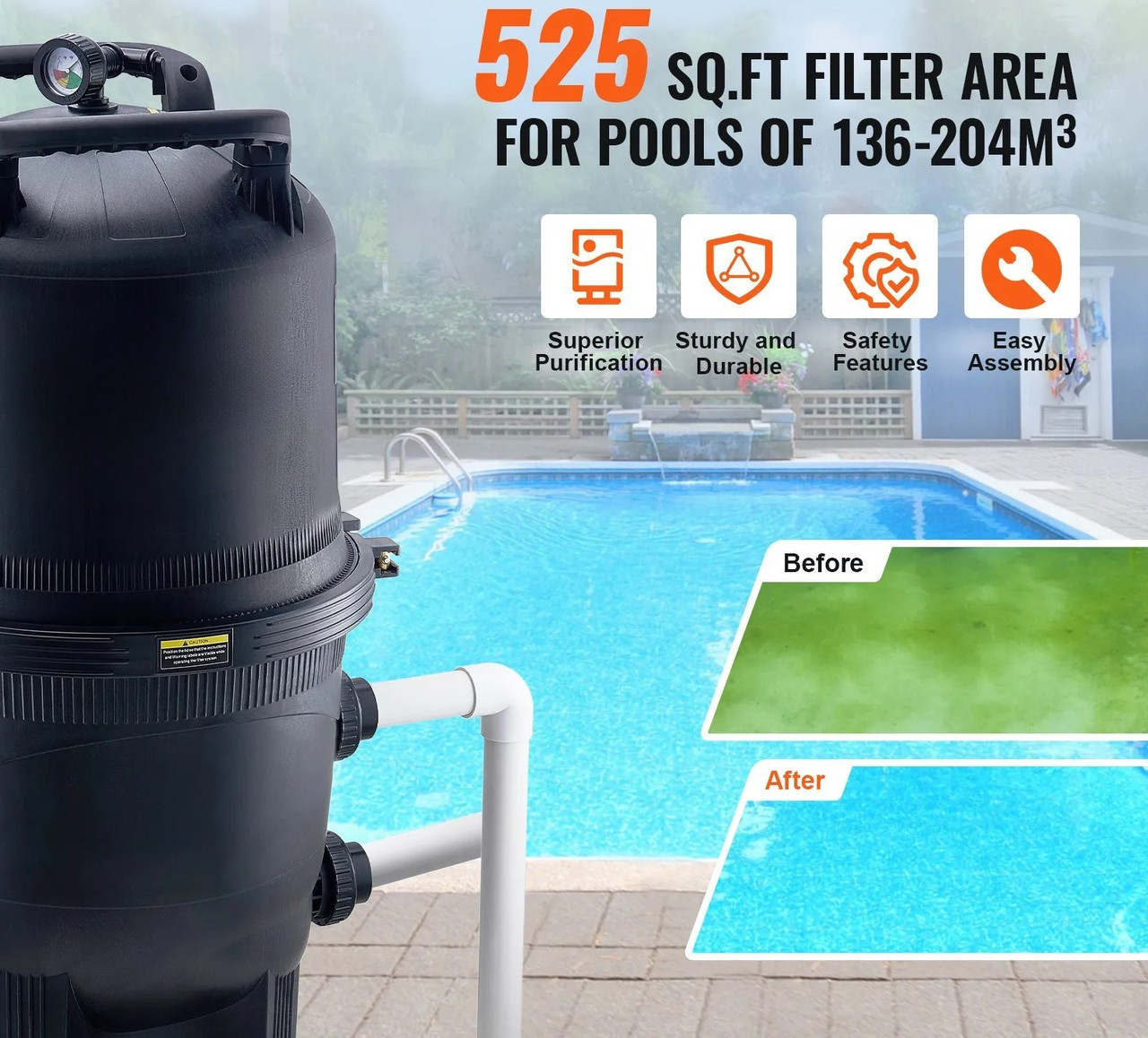 Cartridge Pool Filter, 525 Sq.Ft Area, Leak-Proof Housing, Pressure Gauge & Relief Valve