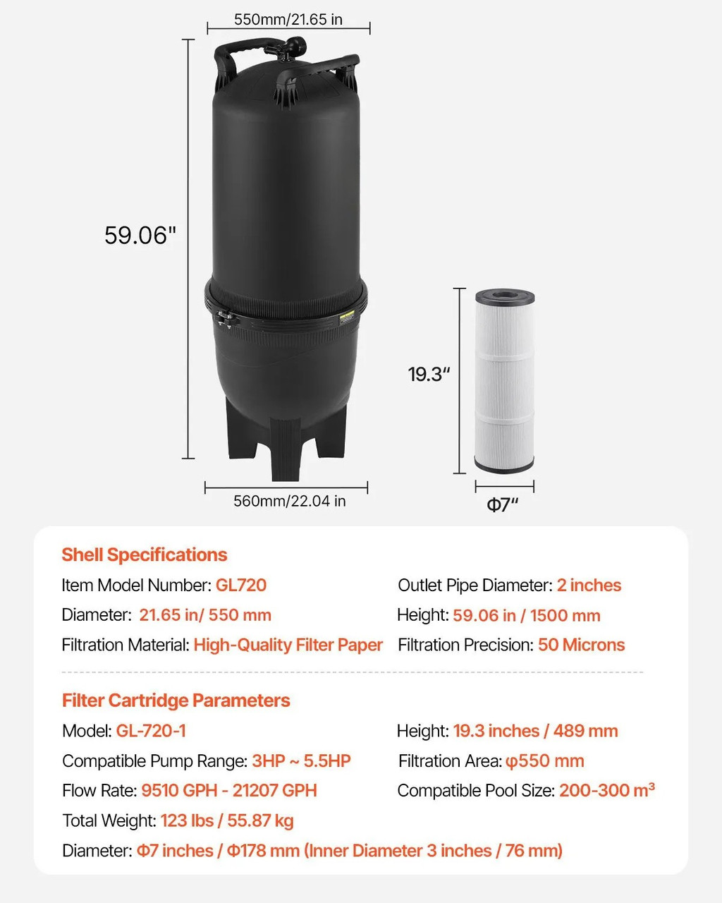 Cartridge Pool Filter, 725 Sq.Ft Area, 21207 GPH, Leak-Proof Housing, Pressure Gauge & Relief Valve