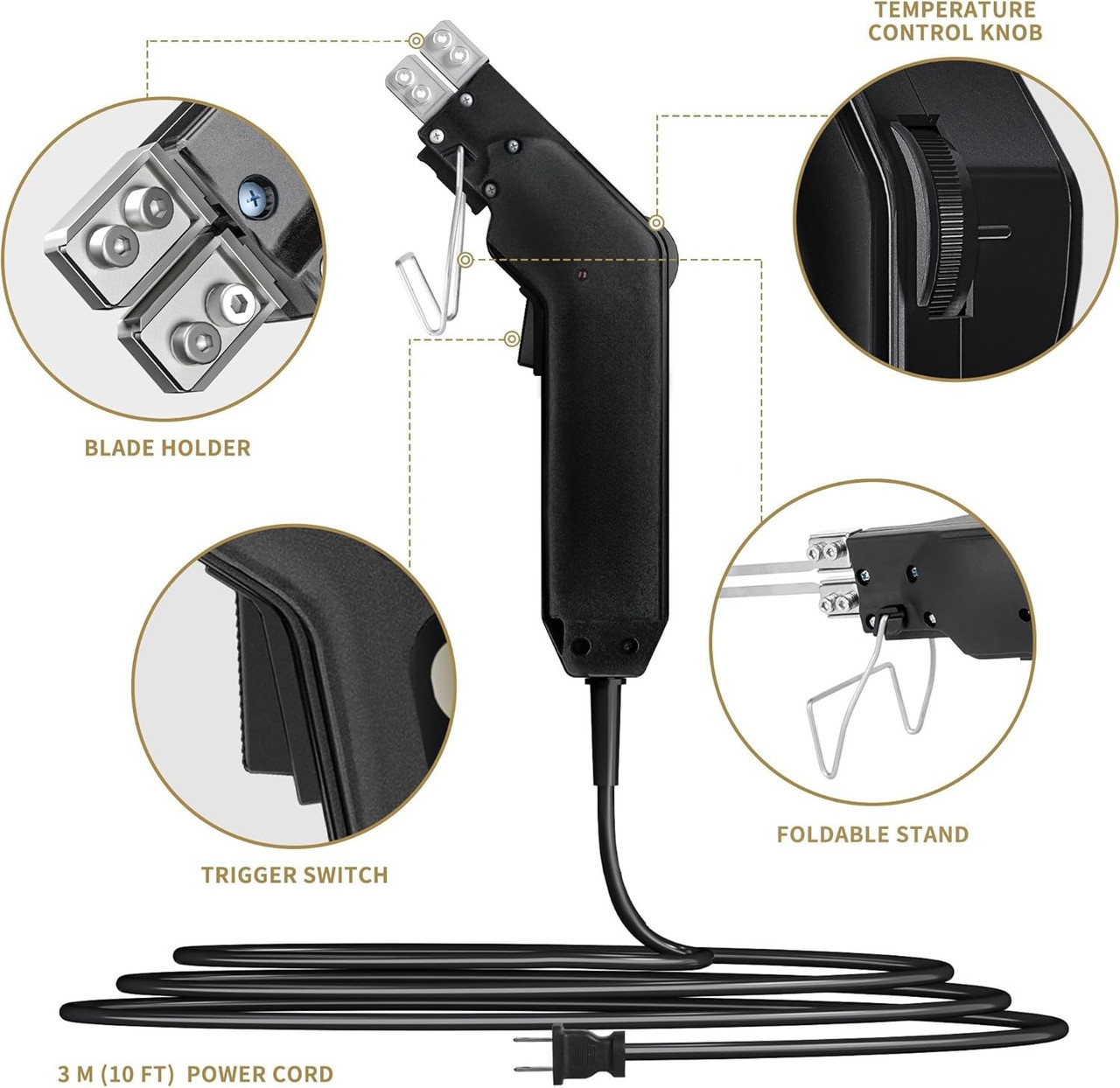 Hot Knife Foam Cutter, 190W Adjustable, 4 Blades + Safety Stand (KD‑5)
