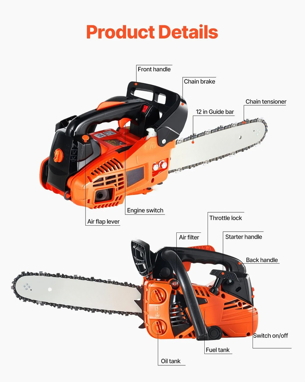 Gas Chainsaw, 25.4CC Engine, 12" Bar, 1.2HP Power