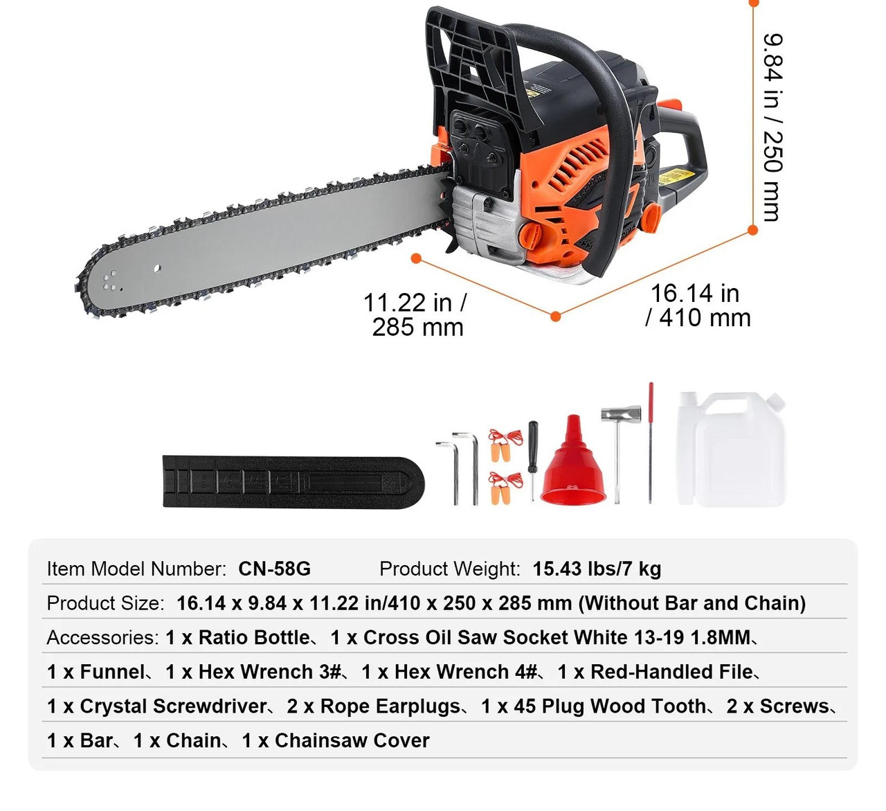 Gas Chainsaw, 58CC Engine, 20" Bar, 3.22HP Power