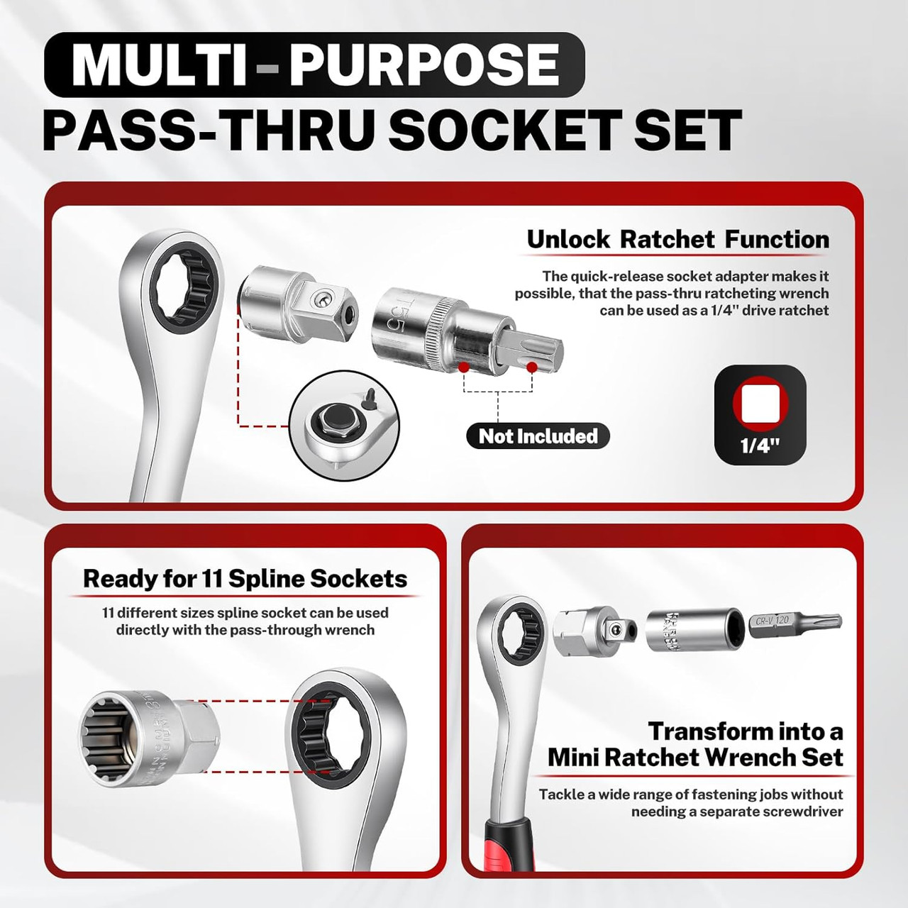 29PCS 1/4" Pass Through Socket Set, 3-In-1 Conversion for Standard Ratchet, Pass-Through Ratchet & Mini Screwdriver, Pass Thru Go Through Mechanics Tools Set For Hex, Square, E-Torx, Spline