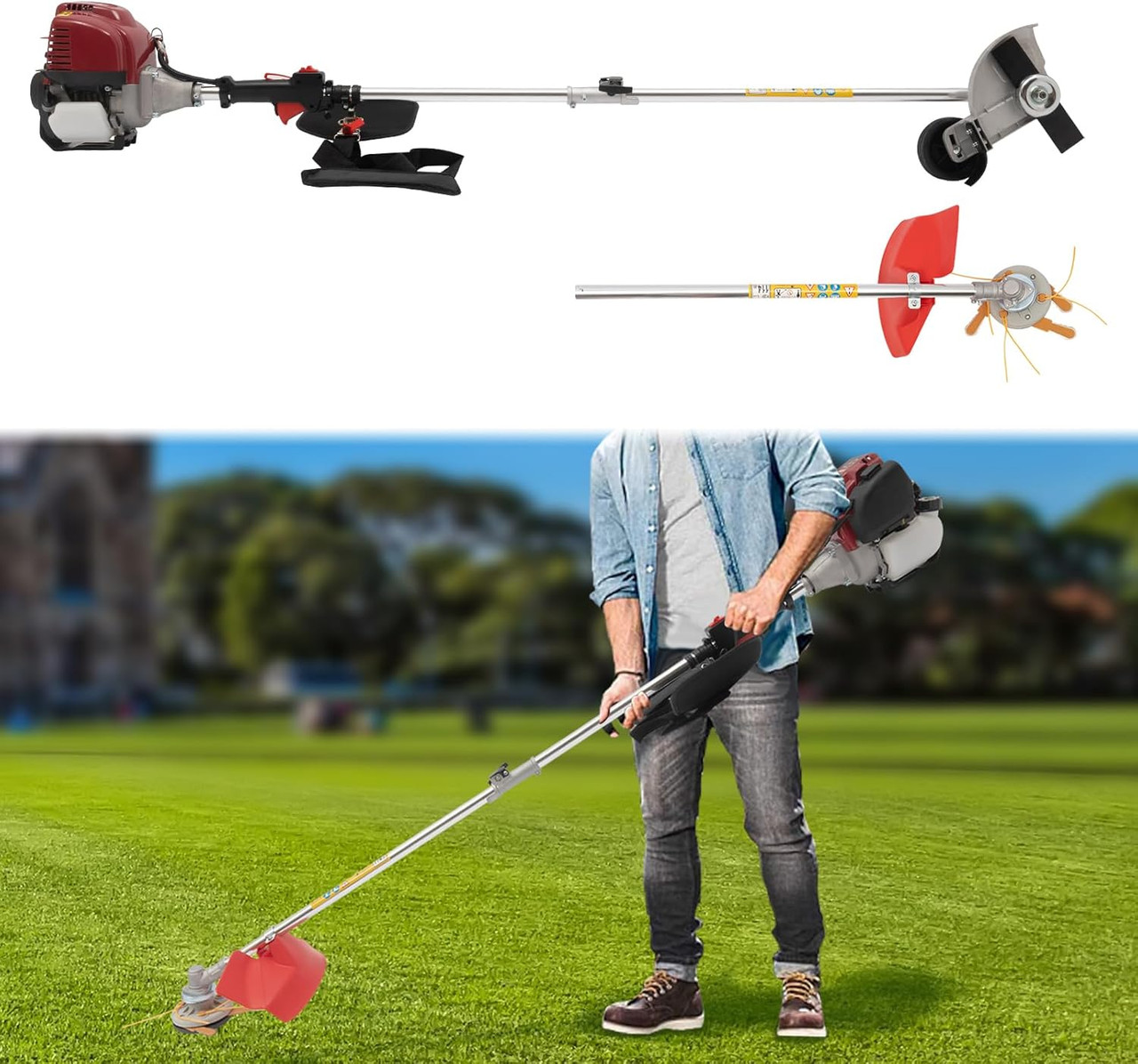 Gas Powered Edger Weed Eater 35.88CC 2 Blade Heads, 4 Stroke Cordless Lawn Edger Gas String Trimmer with Handle & Shoulder Strap for Garden