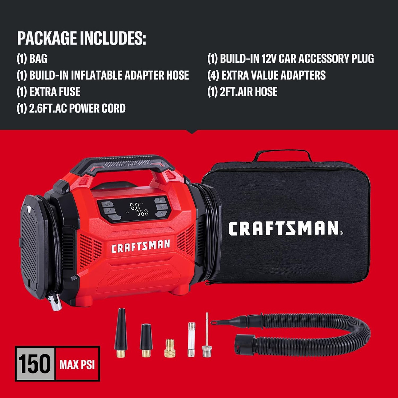 CRAFTSMAN Dual Power Tire Inflator Portable Air Compressor, 12V DC Car Plug & 120V AC Home Use, Up to 150 PSI with Digital Gauge & Auto Shut-Off, LED Light, Air Pump for Cars, Bikes & Inflatables