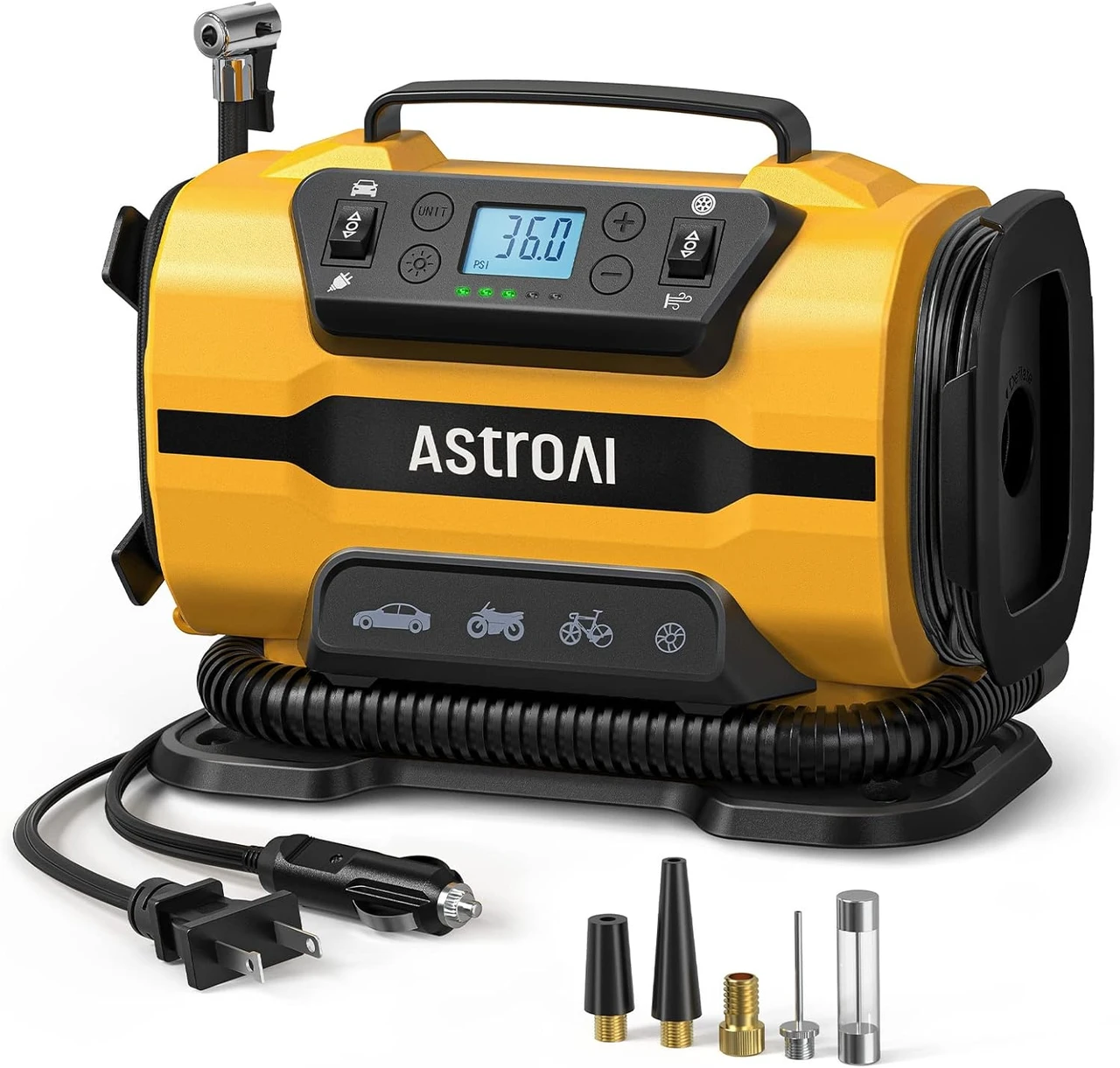 Tire Inflator Portable Air Compressor Pump 150PSI 12V DC/110V AC with Dual Metal Motors&LED Light, Automotive Car Accessories&Two Modes for Car, Bicycle Tires and Air Mattresses, Yellow