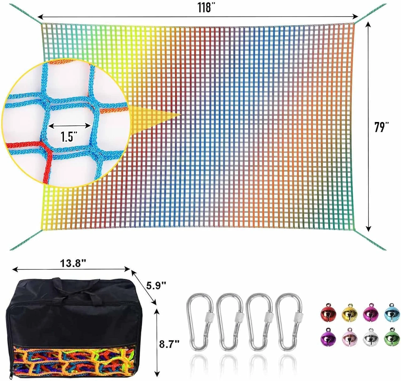 Climbing Net for Kids - 9.9FT x 6.6FT Double Layers Heavy Duty Playground Safety Net, Climbing Cargo Net for Tree House Tree Fort, Back Yard, Jungle Gyms, Monkey Bar Security Mesh(Rainbow)