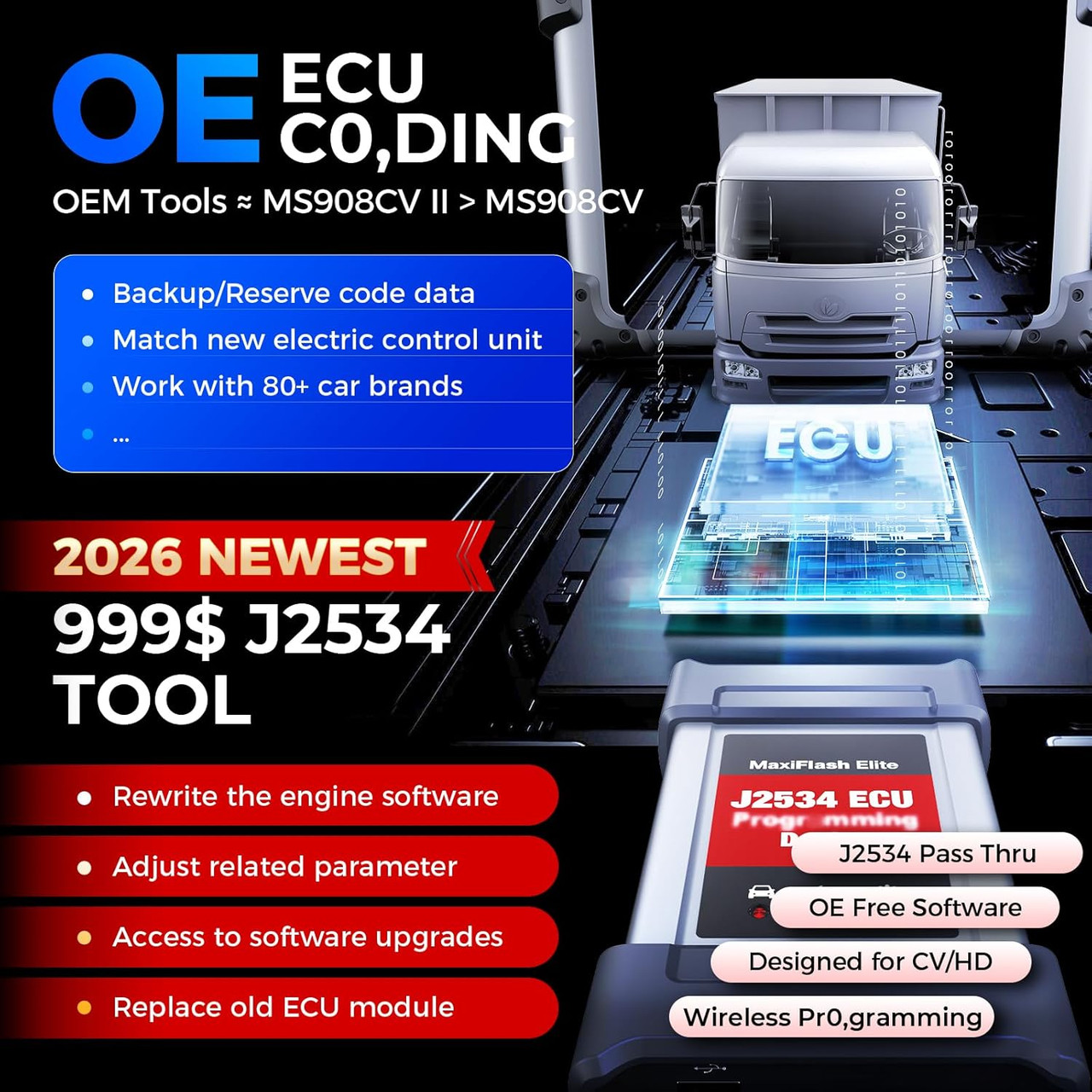 Autel MaxiSys MS908CV II: 2026 Heavy Duty Truck Scanner Upgrade of MS908CV, Same as MS909CV, Semi Truck Tool with J2534 Tool, C0ding, Active Test, 64 Service, Diesel Diagnostic Tool