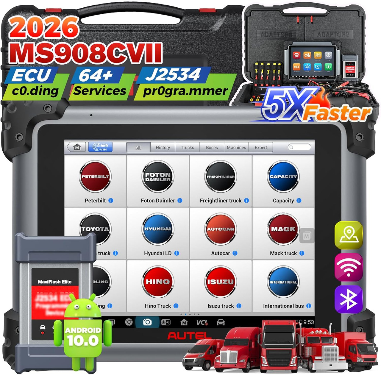 Autel MaxiSys MS908CV II: 2026 Heavy Duty Truck Scanner Upgrade of MS908CV, Same as MS909CV, Semi Truck Tool with J2534 Tool, C0ding, Active Test, 64 Service, Diesel Diagnostic Tool