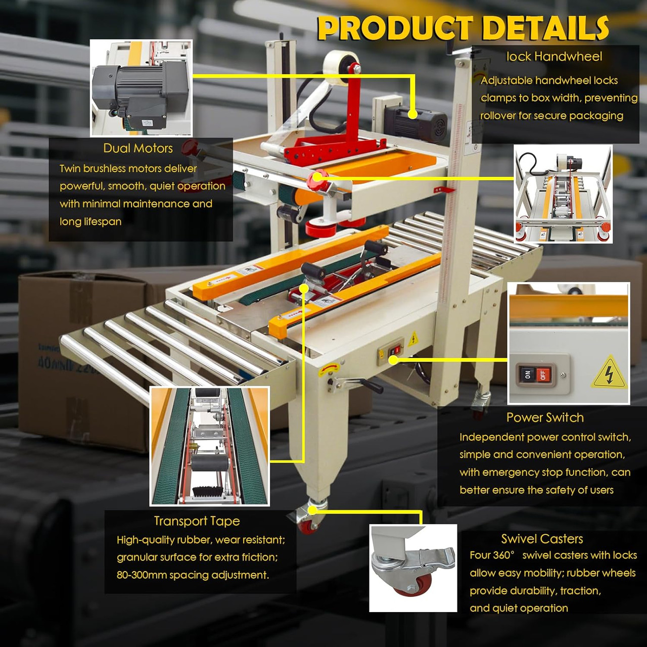 Automatic Case Taper Sealer Uniform Carton Box Tape Sealing Machine Top&Bottom Case Packing Sealer 180W Continuous Left-and-Right Drive Tape Baler for Width 7"-19.7" Height 5.5''-23.6'' 110V