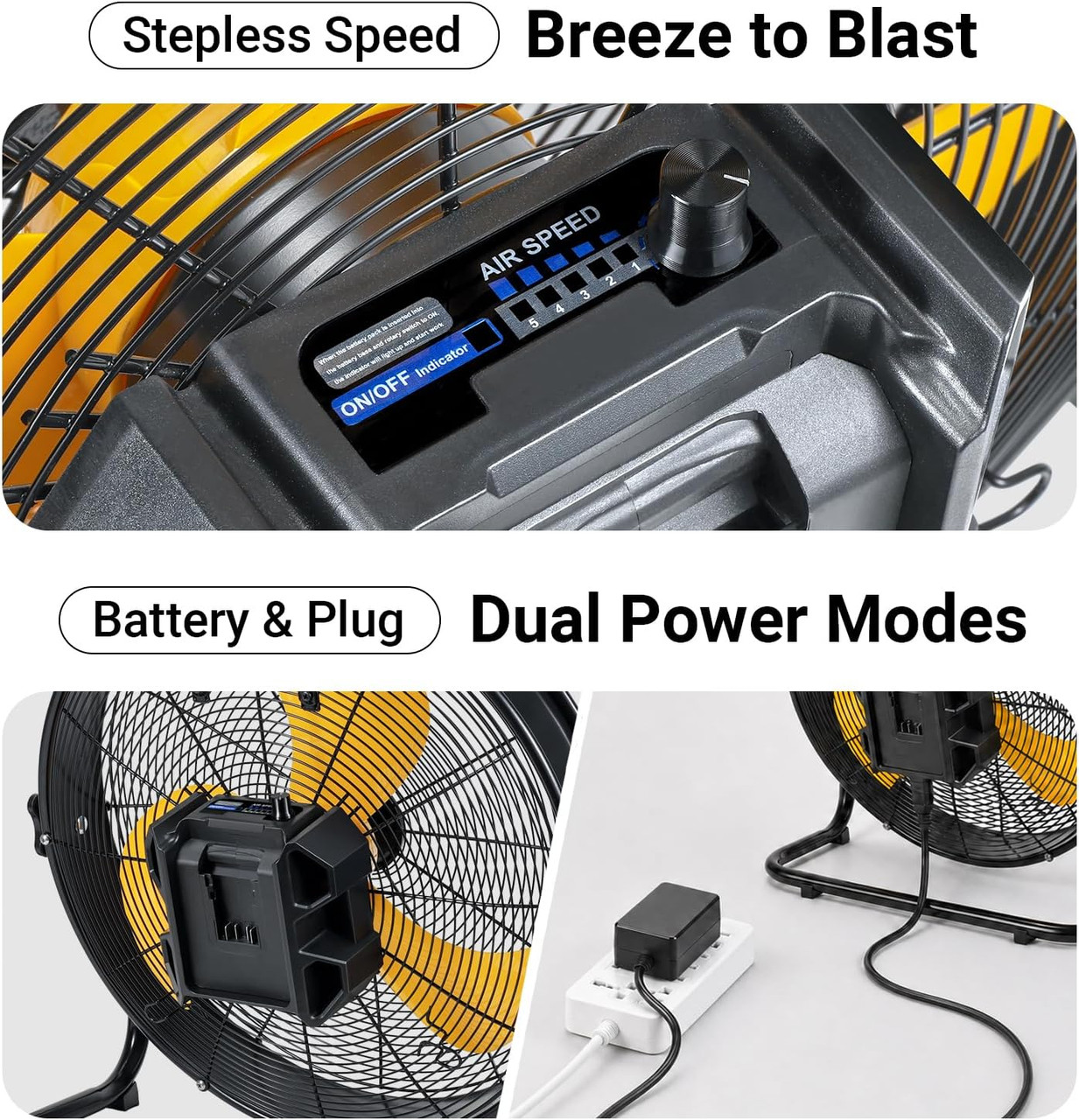18" Brushless Cordless Floor Fan Compatible with Dewalt 20V Max Battery(Tool Only), 2500 CFM Quiet Industrial Fan with AC Adapter, 5 Speeds 360°Tilt Portable Metal Shop Fan for Garage Jobsite Camping