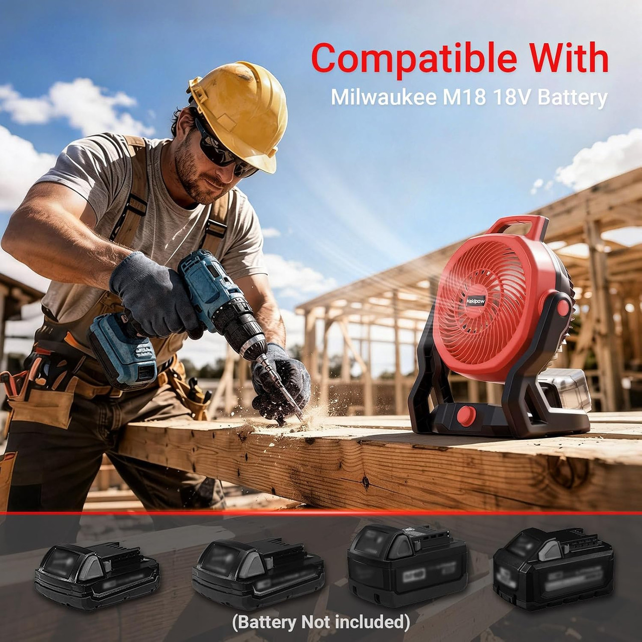 Battery Powered Fan Compatible with Milwaukee M18 18V Battery, 750 CFM Cordless Jobsite Fan with AC Adapter, Brushless Motor Portable Shop Fan for Camping, Garage, Workshop, Outdoor (Tool Only)