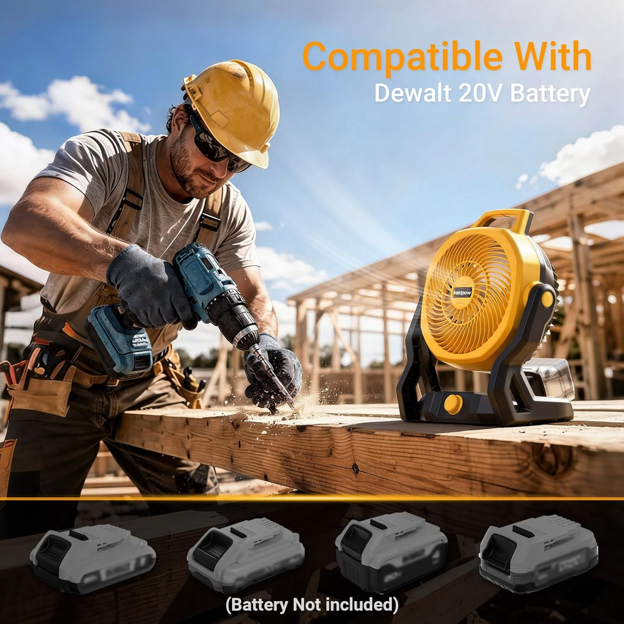 Battery Powered Fan Compatible with Dewalt 20V Max Battery, 750 CFM Cordless Jobsite Fan with AC Adapter, Brushless Motor Portable Shop Fan for Camping, Garage, Workshop, Outdoor (Tool Only)