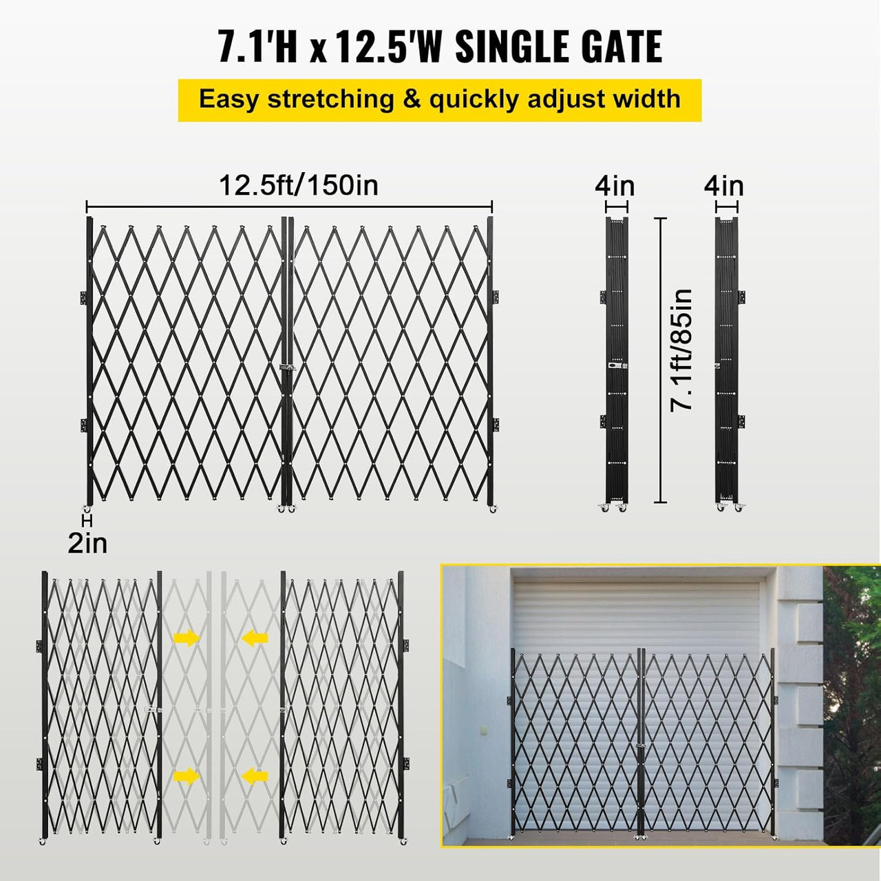 Double Folding Security Gate, 87" H x 150" W Folding Door Gate, Steel Accordion Security Gate, Flexible Expanding Security Gate, 360° Rolling Barricade Gate, Scissor Gate or Door with Keys