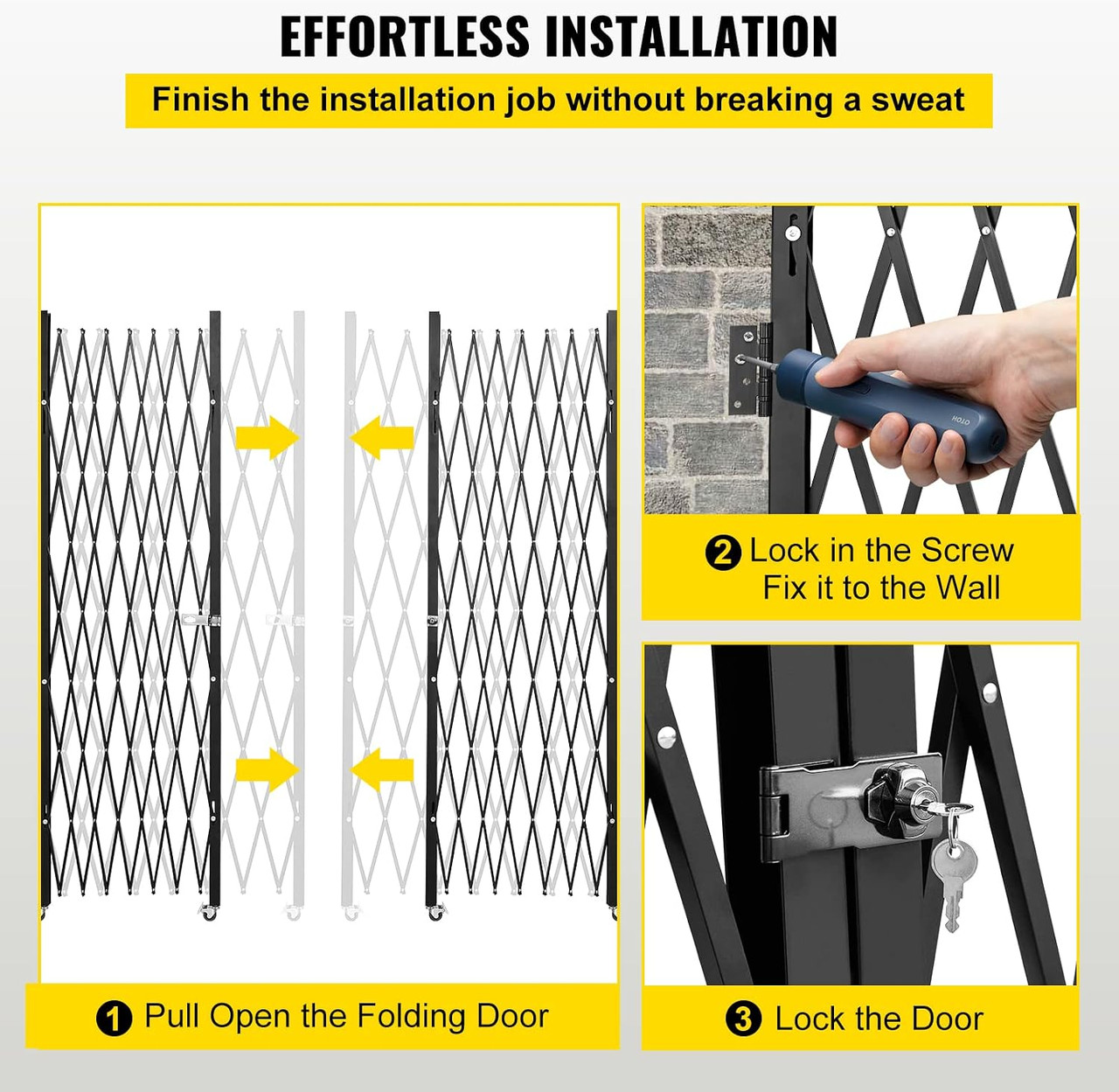 Double Folding Security Gate, 87" H x 150" W Folding Door Gate, Steel Accordion Security Gate, Flexible Expanding Security Gate, 360° Rolling Barricade Gate, Scissor Gate or Door with Keys