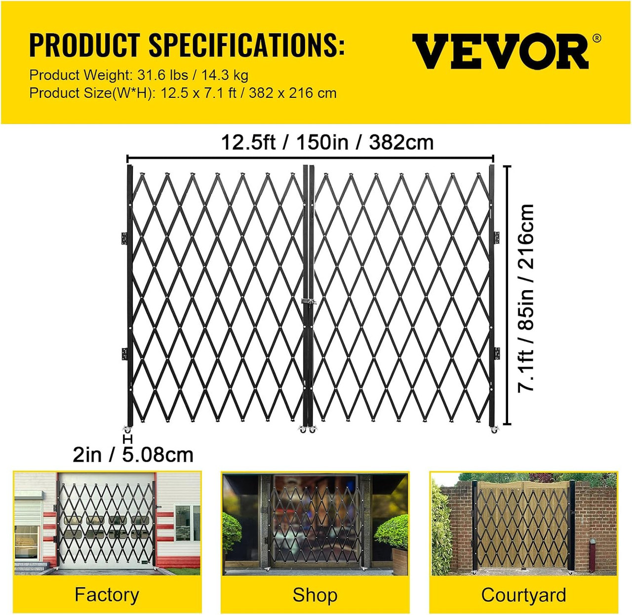 Double Folding Security Gate, 87" H x 150" W Folding Door Gate, Steel Accordion Security Gate, Flexible Expanding Security Gate, 360° Rolling Barricade Gate, Scissor Gate or Door with Keys