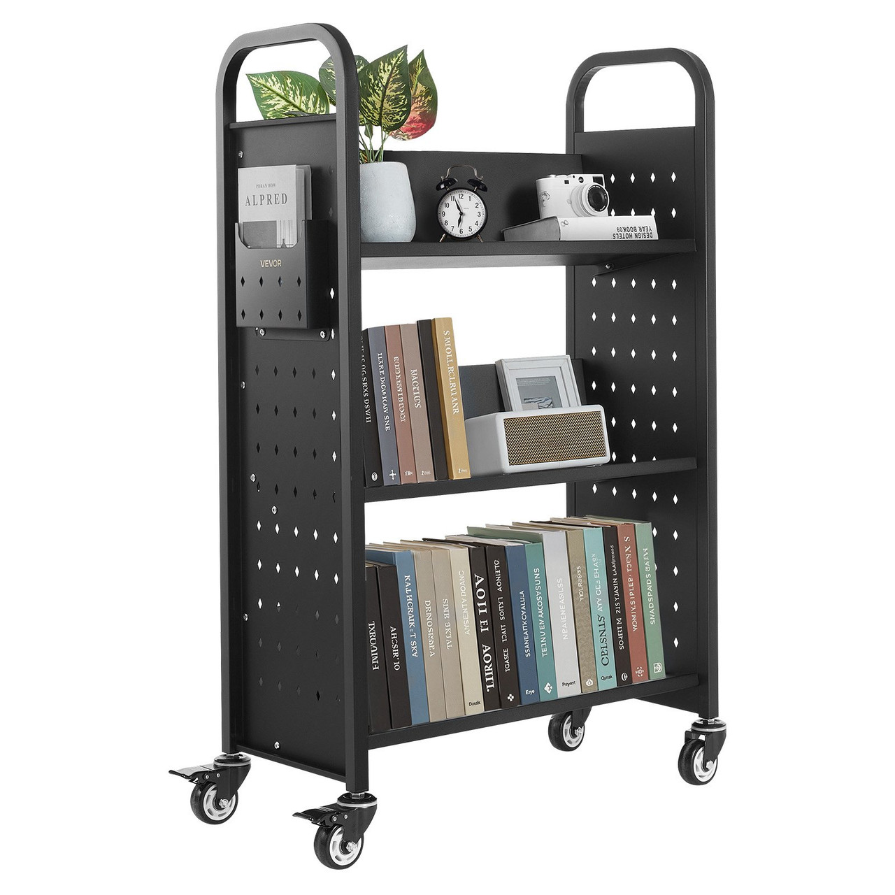 Rolling Library Book Cart, 330 lbs Capacity, 30.3 x 15 x 48.0-Inch Library Cart, Single Sided V-Shaped Shelves with 3-Inch Lockable Wheels, Book Truck for Home Shelves Office and School, Black