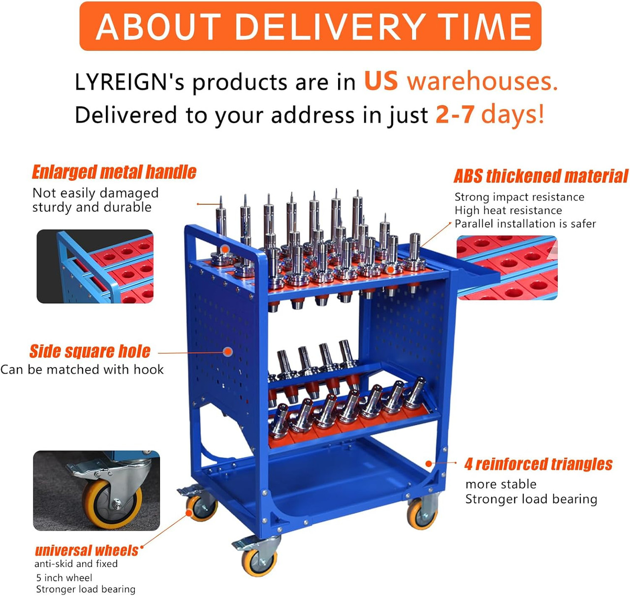 BT40 Blue Classic Mobile CNC Tool Storage Cart, CAT40 CNC Tool Holder Keeper Utility Carts with Wheels, CNC Tool Service Carts for Warehouses Machining Centers