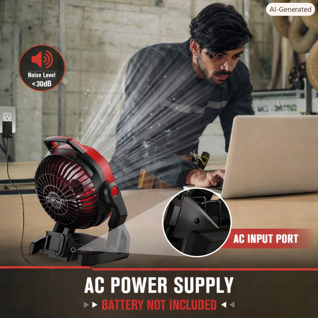 Battery Powered Fan Compatible with Milwaukee M18 18V Battery | Travel Camping Fan Portable with Variable Speed, Silent Low Noise, for Workshop Garage Jobsite Use (AC Adapter Included)