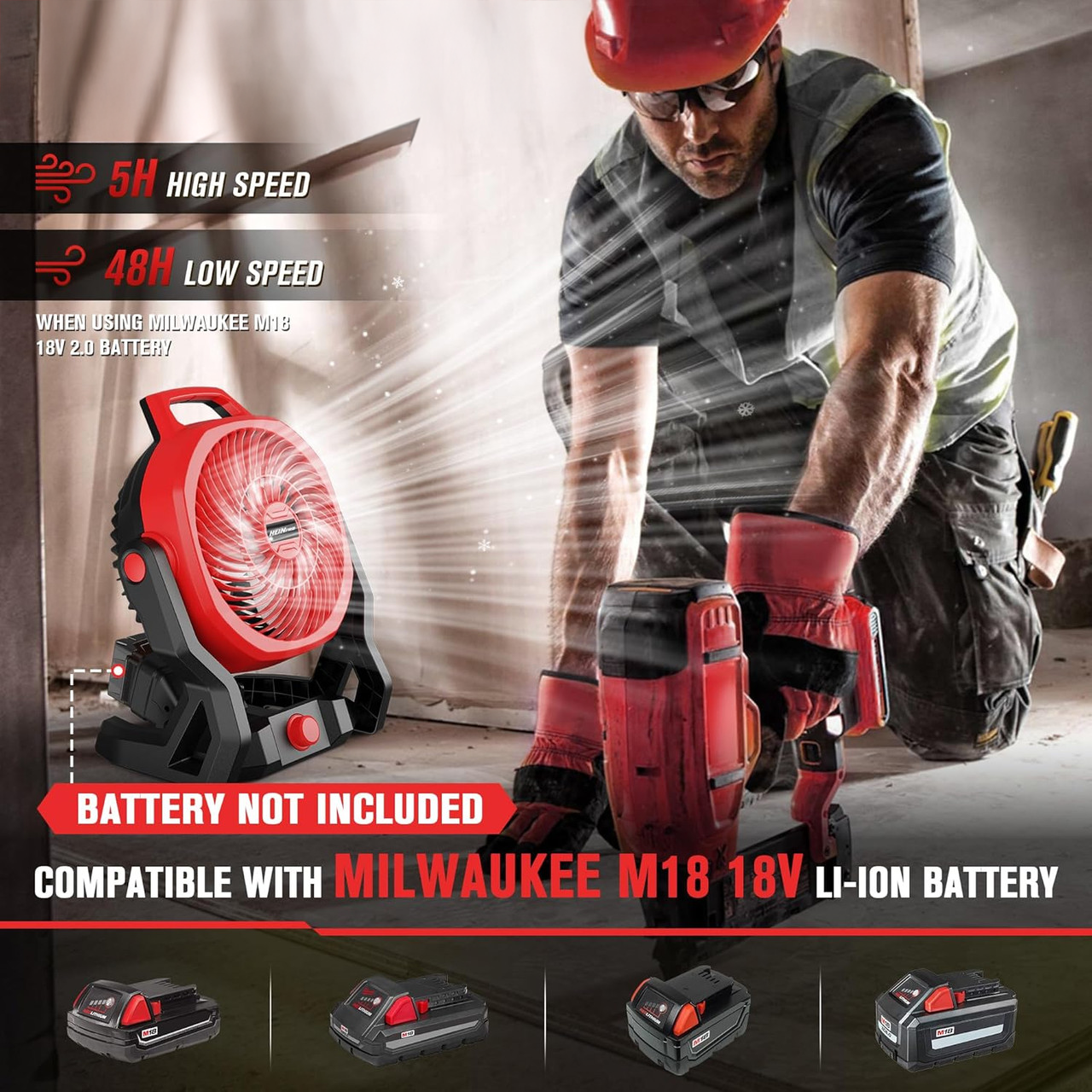Battery Powered Fan Compatible with Milwaukee M18 18V Battery | Travel Camping Fan Portable with Variable Speed, Silent Low Noise, for Workshop Garage Jobsite Use (AC Adapter Included)