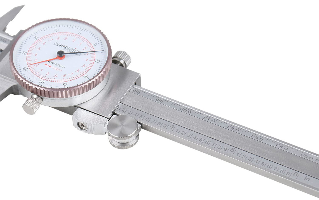 0-6''/0-150 mm by 0.001''/0.02 mm Inch/Metric Dual Needle Precision Dial Caliper Stainless Steel, P920-S236 | 0.001 in/0.02 mm Resolution, +/-0.001 in/0.03 mm Accuracy, Hardened Stainless Steel, 4-Way Measuring
