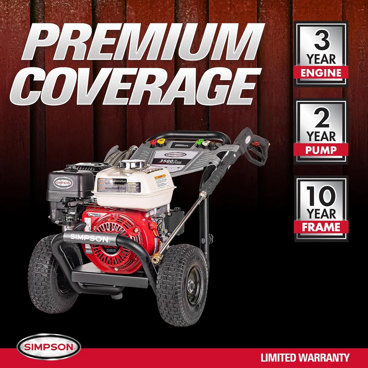 Simpson PowerShot 3500 PSI Gas Pressure Washer, 2.5 GPM, Honda GX200 Engine | Gas Power Washer For Professionals. AAA Triplex Pump, 25' MorFlex Hose, 5 Nozzles, Steel Frame. 49-State Compliant. PS3228