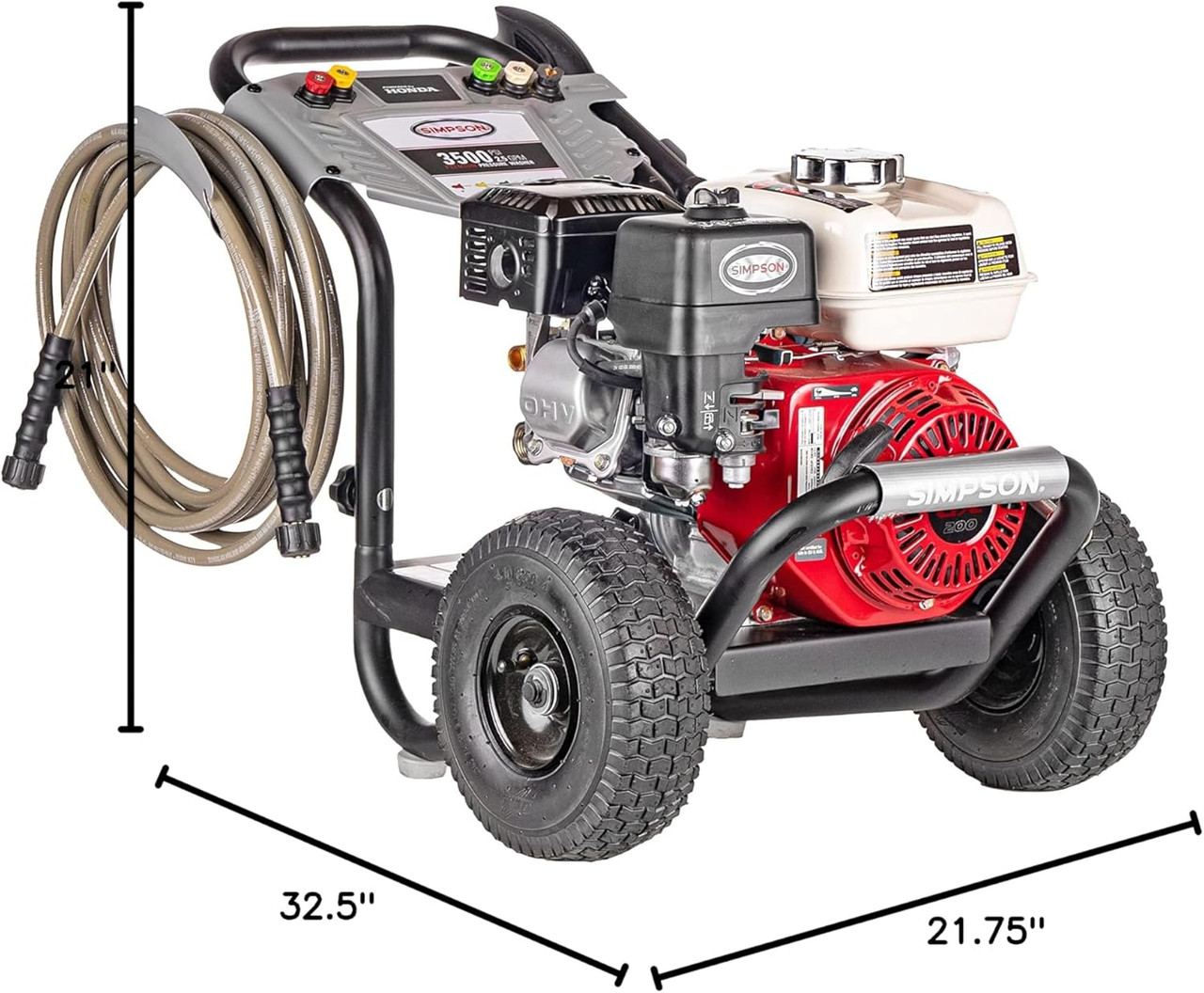 Simpson PowerShot 3500 PSI Gas Pressure Washer, 2.5 GPM, Honda GX200 Engine | Gas Power Washer For Professionals. AAA Triplex Pump, 25' MorFlex Hose, 5 Nozzles, Steel Frame. 49-State Compliant. PS3228