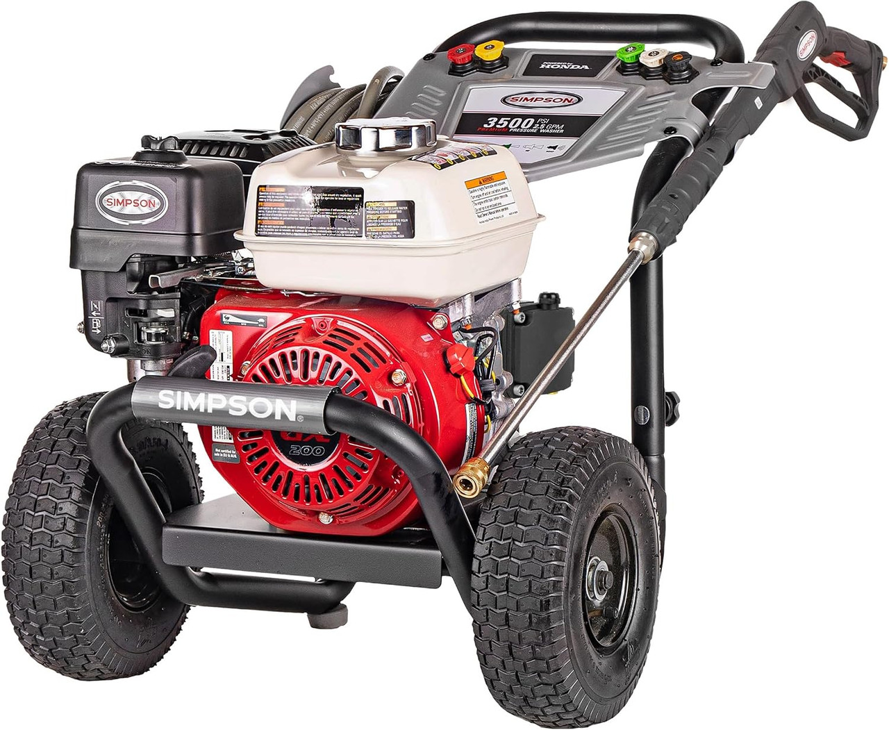 Simpson PowerShot 3500 PSI Gas Pressure Washer, 2.5 GPM, Honda GX200 Engine | Gas Power Washer For Professionals. AAA Triplex Pump, 25' MorFlex Hose, 5 Nozzles, Steel Frame. 49-State Compliant. PS3228