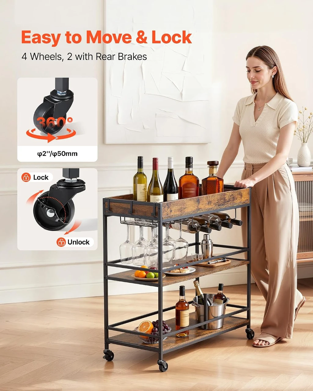 Bar Cart with Wheels, Large Wide 3-Tier Rolling Serving Cart, 34.64-Inch Beverage Station with Wine Rack, Glass Holder and S Hooks for Home Kitchen, Rustic Brown and Black