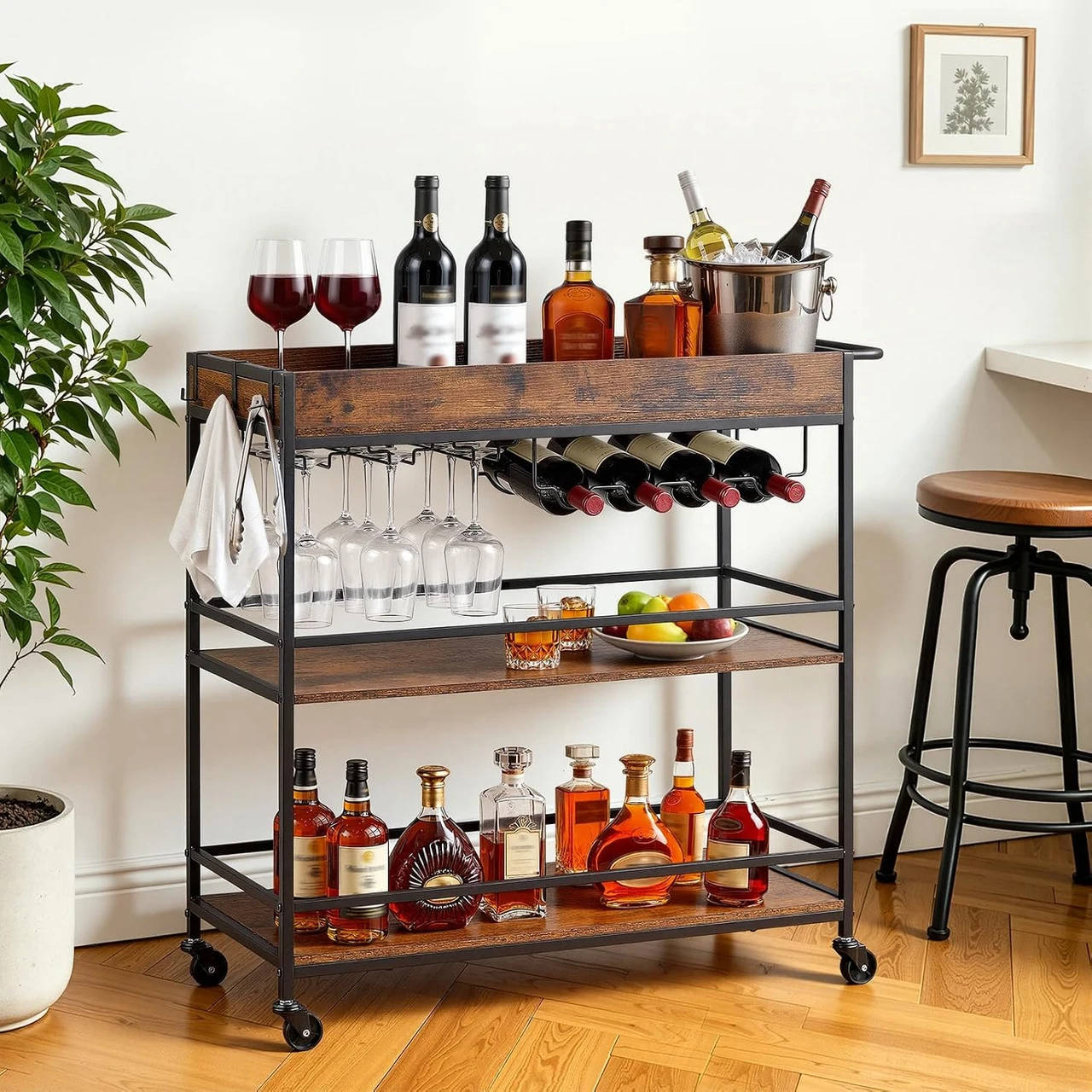 Bar Cart with Wheels, Large Wide 3-Tier Rolling Serving Cart, 34.64-Inch Beverage Station with Wine Rack, Glass Holder and S Hooks for Home Kitchen, Rustic Brown and Black