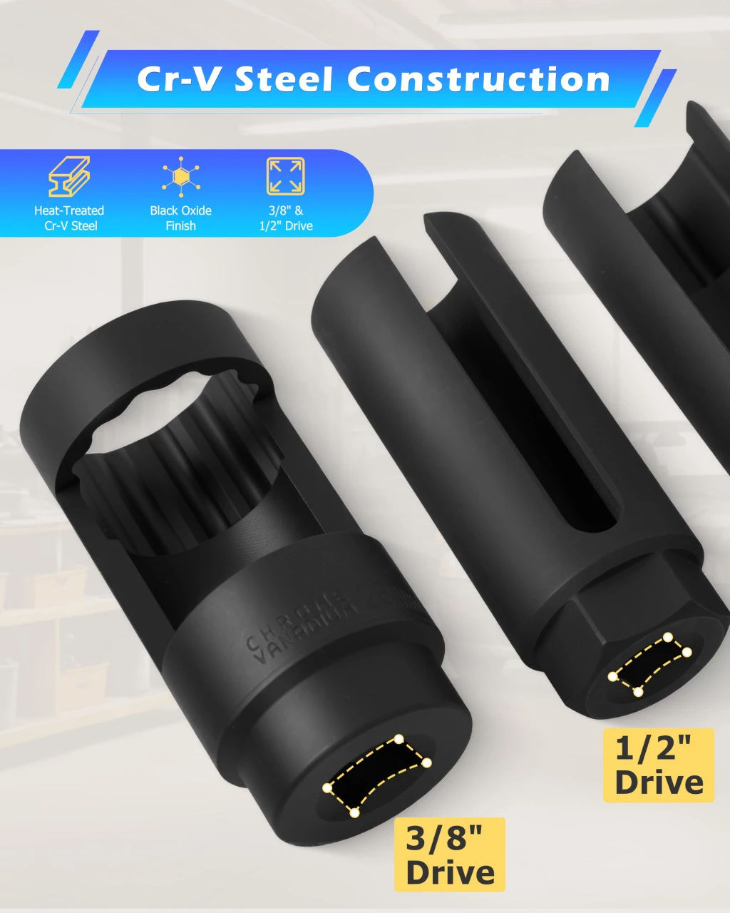 Chrome vanadium steel construction black oxide oxygen sensor sockets