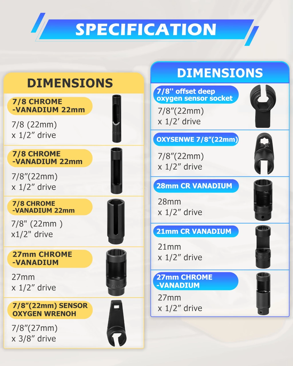 DAYUAN 21-piece sensor socket set size specification chart