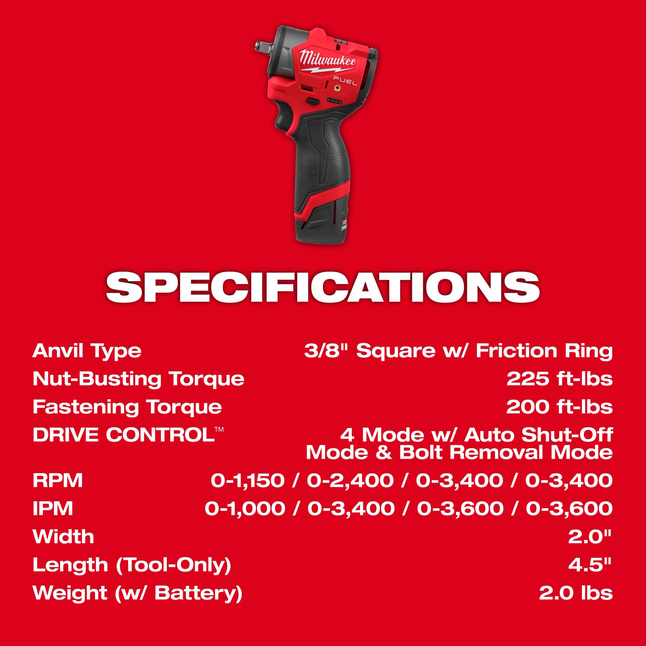 Milwaukee M12 FUEL™ 3/8" Subcompact Impact Wrench w/ Friction Ring Kit 3049-22