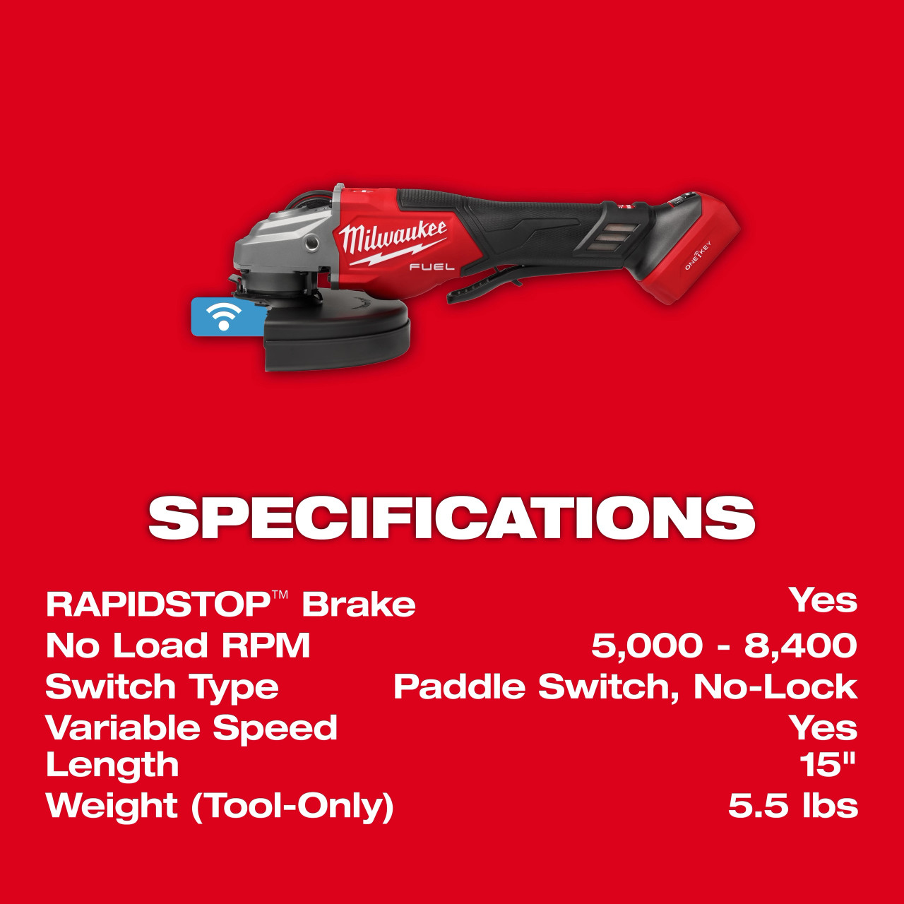 Milwaukee M18 FUEL™ 4-1/2"-7" Variable Speed Braking Grinder, Paddle Switch w/ ONE-KEY™ 3674-20