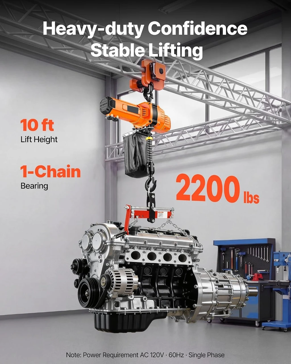 Quality Import Electric Chain Hoist 2200 lbs, 10 ft Lift, 120V Single Phase, Single Chain Brushless Motor, 29 ft/min, 10 ft Wired Remote - image 2