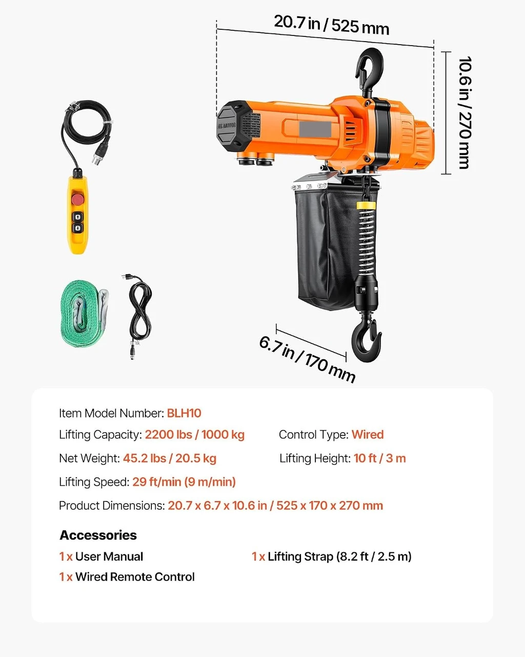 Quality Import Electric Chain Hoist 2200 lbs, 10 ft Lift, 120V Single Phase, Single Chain Brushless Motor, 29 ft/min, 10 ft Wired Remote - image 7