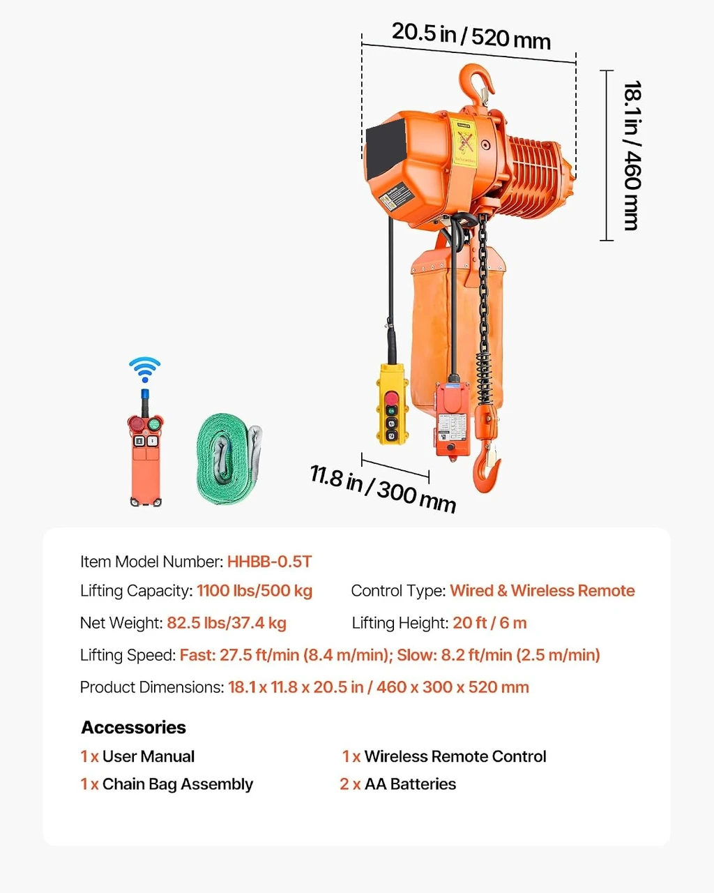 Quality Import Electric Chain Hoist 1100 lbs, 20 ft Lift, 480V Three Phase, Dual Speed, 15 ft Wired & 328 ft Wireless Remote - image 6