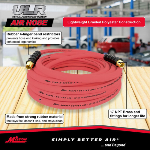 Milton? 1/2" Ultra Lightweight Rubber Hose, 50' Air Hose w/ 1/2" NPT Male Inlet Thread Ends