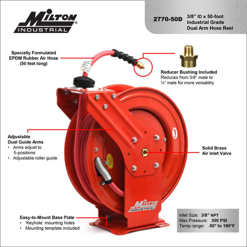 Milton? Industrial Auto-Retracting Hose Reel 3/8" NPT, 50' Hybrid Rubber Hose, 300 PSI