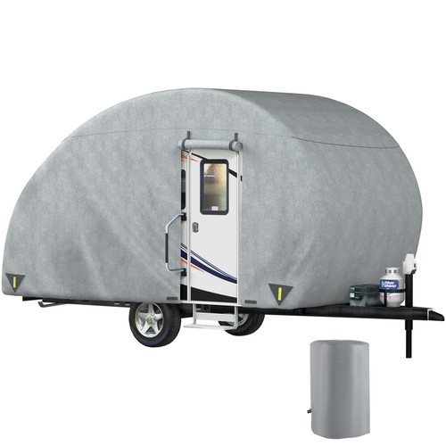 Teardrop Trailer Cover, Fit for 12' - 15' Trailers, Upgraded Non-Woven 4 Layers Camper Cover, UV-proof Waterproof Travel Trailer Cover w/ 2 Wind-proof Straps and 1 Storage Bag