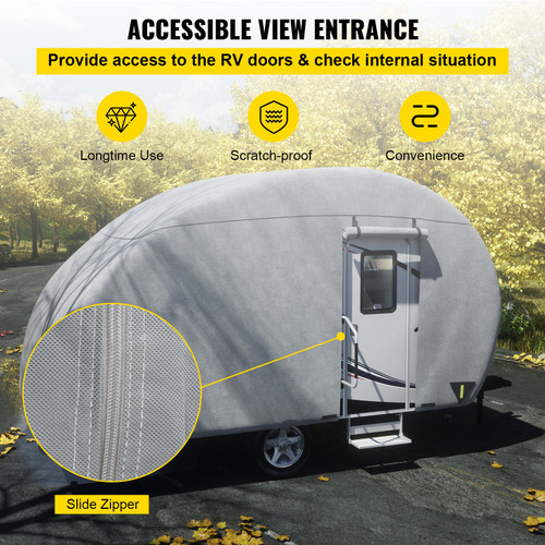 Teardrop Trailer Cover, Fit for 18' - 20' Trailers, Upgraded Non-Woven 4 Layers Camper Cover, UV-proof Waterproof Travel Trailer Cover w/ 2 Wind-proof Straps, 1 Storage Bag and 1 Front Gate