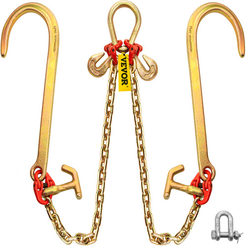 V Bridle Chain, 5/16 in x 2 ft Tow Chain Bridle, Grade 80 V-Bridle Transport Chain, 9260 Lbs Break Strength with TJ Hooks & Grab Hooks, Heavy Duty Pear Link Connector and Chain Shorteners