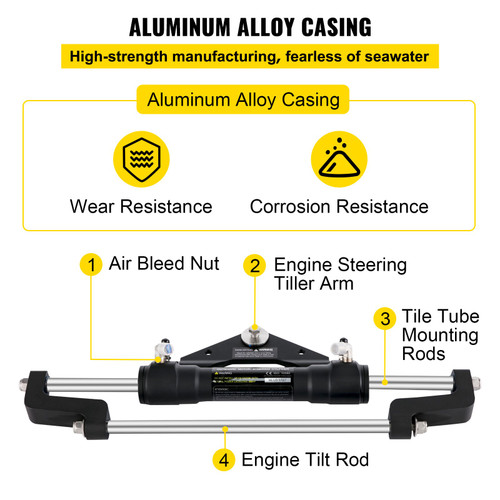 Hydraulic Steering Cylinder 300HP, Hydraulic Steering Front Mount Hydraulic Outboard Marine Steering Kit Without Hydraulic Hose and Helm for Outboards Boat Steering System