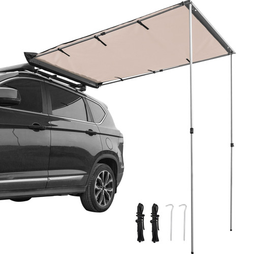 Car Side Awning, 6.6'x8.2', Pull-Out Retractable Vehicle Awning Waterproof UV50+, Telescoping Poles Trailer Sunshade Rooftop Tent w/Carry Bag for Jeep/SUV/Truck/Van Outdoor Camping Travel, Sand