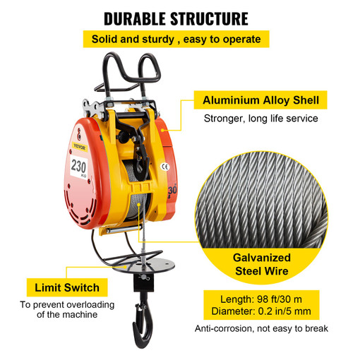 Electric Wire Rope Hoist 230kg Capacity 30m Wire Rope Pulling System