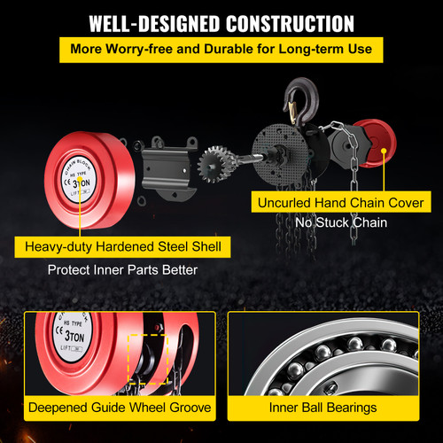 Hand Chain Hoist, 6600 lbs /3 Ton Capacity Chain Block, 10ft/3m Lift Manual Hand Chain Block, Manual Hoist w/Industrial-Grade Steel Construction for Lifting Good in Transport & Workshop, Red