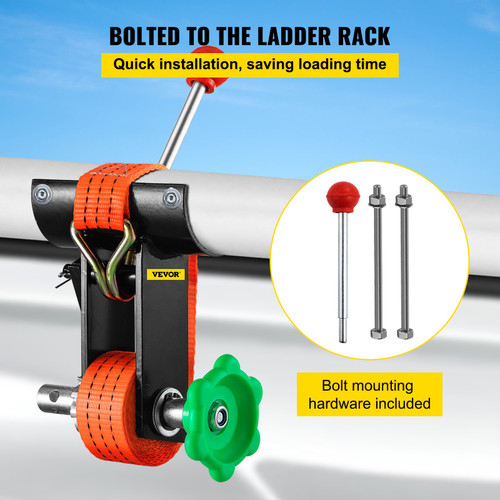 Heavy-Duty 100 LB Capacity 2? Round Pipe Steel Ratchet Ladder Rack, 2 Packs Secure Fastening Tools, 9' Long Tie Down Straps Pipe Mounting Frame, Compatible with Most Racks, Black
