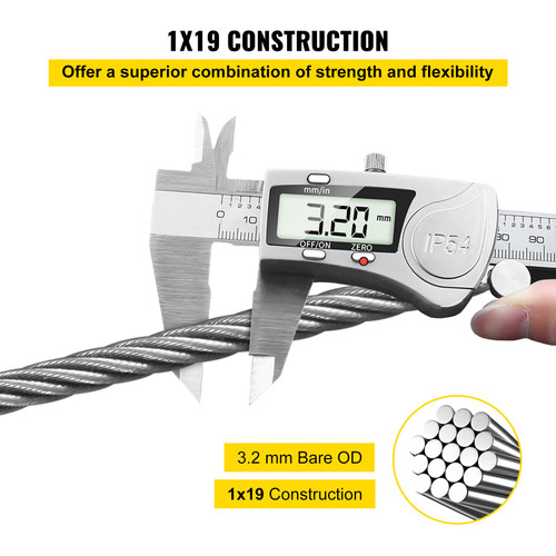 T316 Stainless Steel Wire Rope, 1/8'' Steel Wire Cable, 500ft Aircraft Cable w/ 1x19 Strands Core, Steel Cable Wire 2100 lbs Breaking Strength for Railing Decking, Stair, Clothesline, Handrail