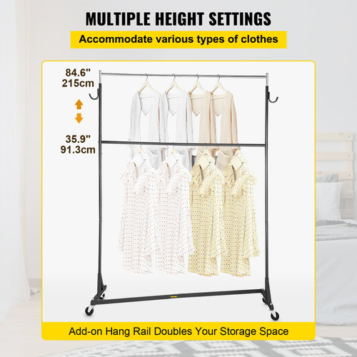 Z Rack, Industrial Grade Z Base Garment Rack, Height Adjustable Rolling Z Garment Rack, Sturdy Steel Z Base Clothing Rack w/ Lockable Casters for Home Clothing Store w/ Add-on Hang Rail Black