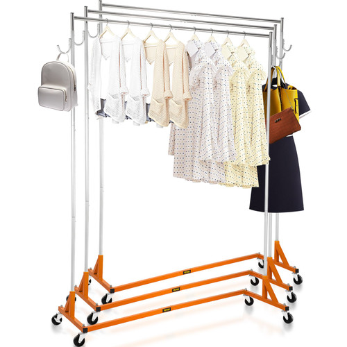 Z Rack, Industrial Grade Z Base Garment Rack, Height Adjustable Rolling Z Garment Rack, Sturdy Steel Z Base Clothing Rack w/ Lockable Casters for Home Clothing Store Display Orange (3 Sets)