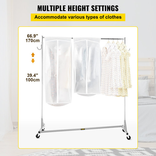 Z Rack, Industrial Grade Z Base Garment Rack, Height Adjustable Rolling Z Garment Rack, Sturdy Steel Z Base Clothing Rack w/ Lockable Casters for Home Clothing Store Display w/ Cover Silver